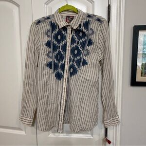 Ladies Blue and beige Striped embroidered Shirt Johnny Was